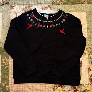 Casual Corner Black and Red Crewneck Sweater with Folk-Art Design